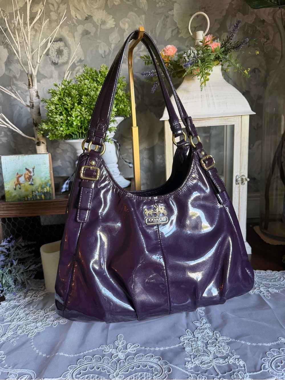 Coach Madison Plum Purple Patent Leather Maggie Hobo Shoulder Bag Purse 18760